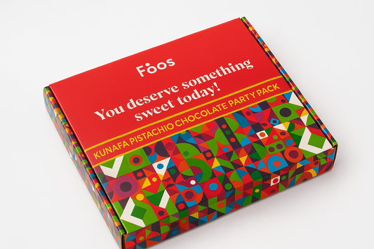 Colorful chocolate party pack with geometric design on a white background