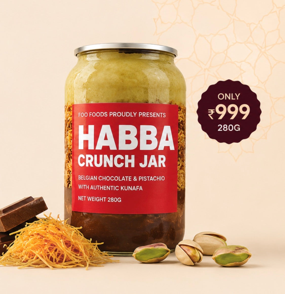 HABBA CRUNCH JAR - Belgian Chocolate & Pistachio with Authentic Kunafa