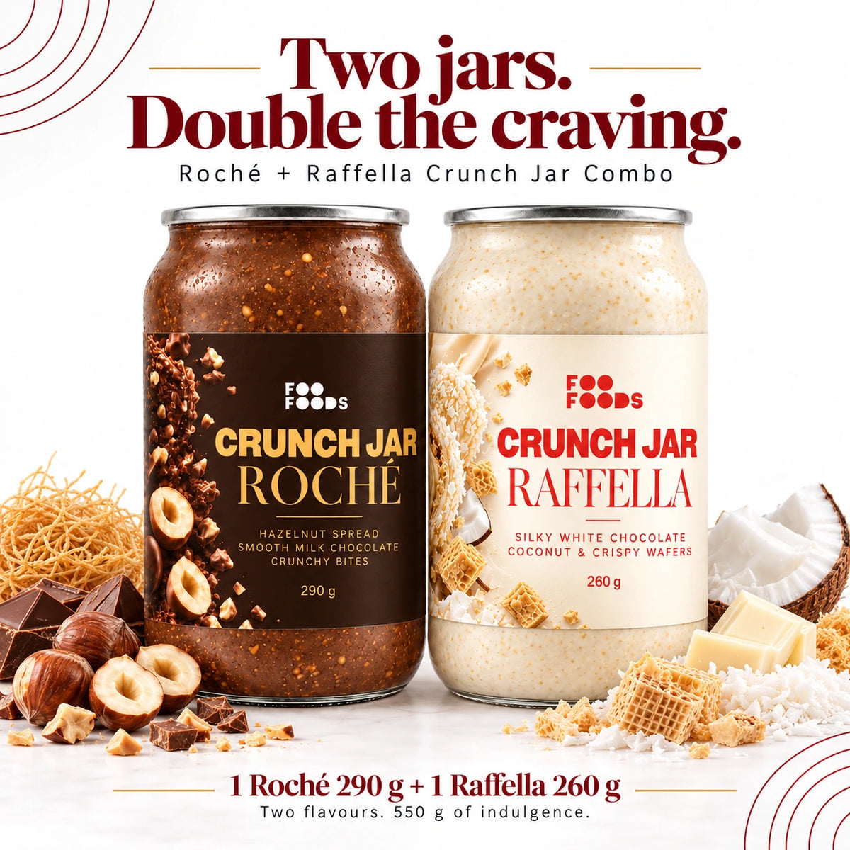 Foo Foods Roché 290g and Raffella 260g crunch jar combo with hazelnut chocolate, coconut and wafer ingredients.