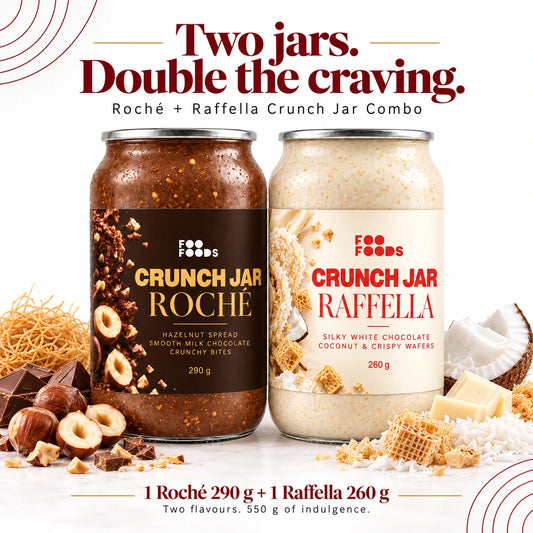 Foo Foods Roché 290g and Raffella 260g crunch jar combo with hazelnut chocolate, coconut and wafer ingredients.