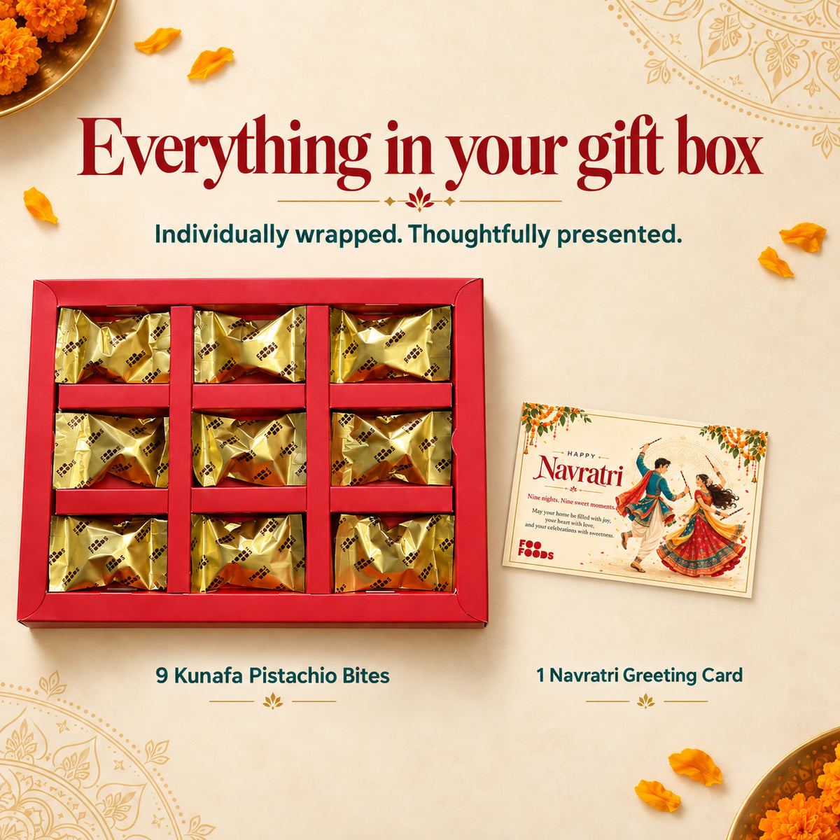 Navratri Kunafa Pistachio Gift Box – 9 Bites + Greeting Card