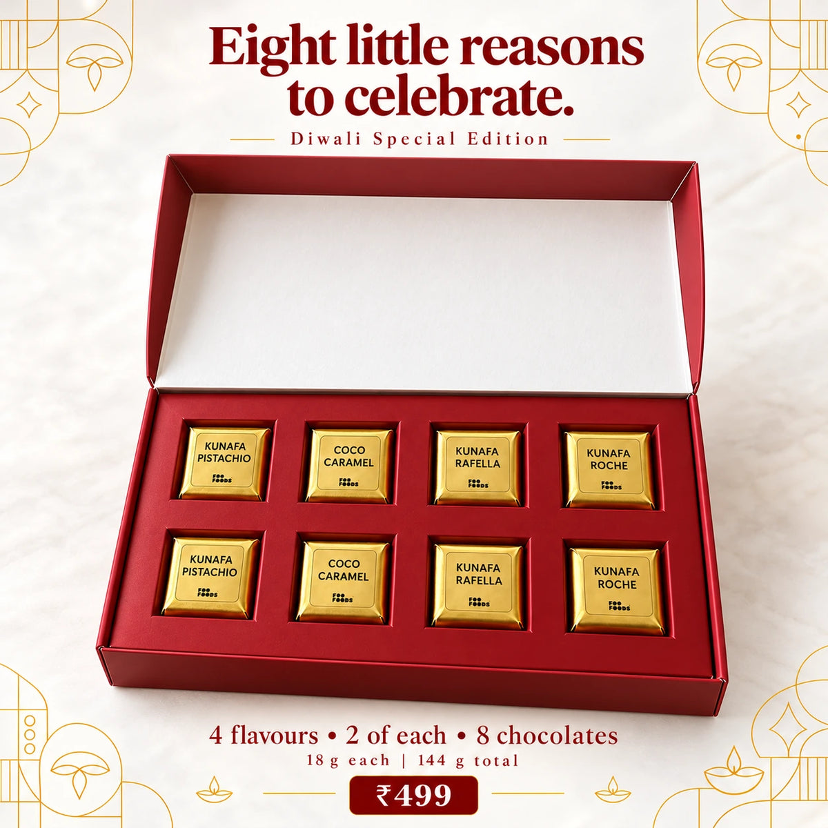 Diwali Special Kunafa Chocolate Gift Box - 8 Pieces, 4 Flavours | Foo Foods