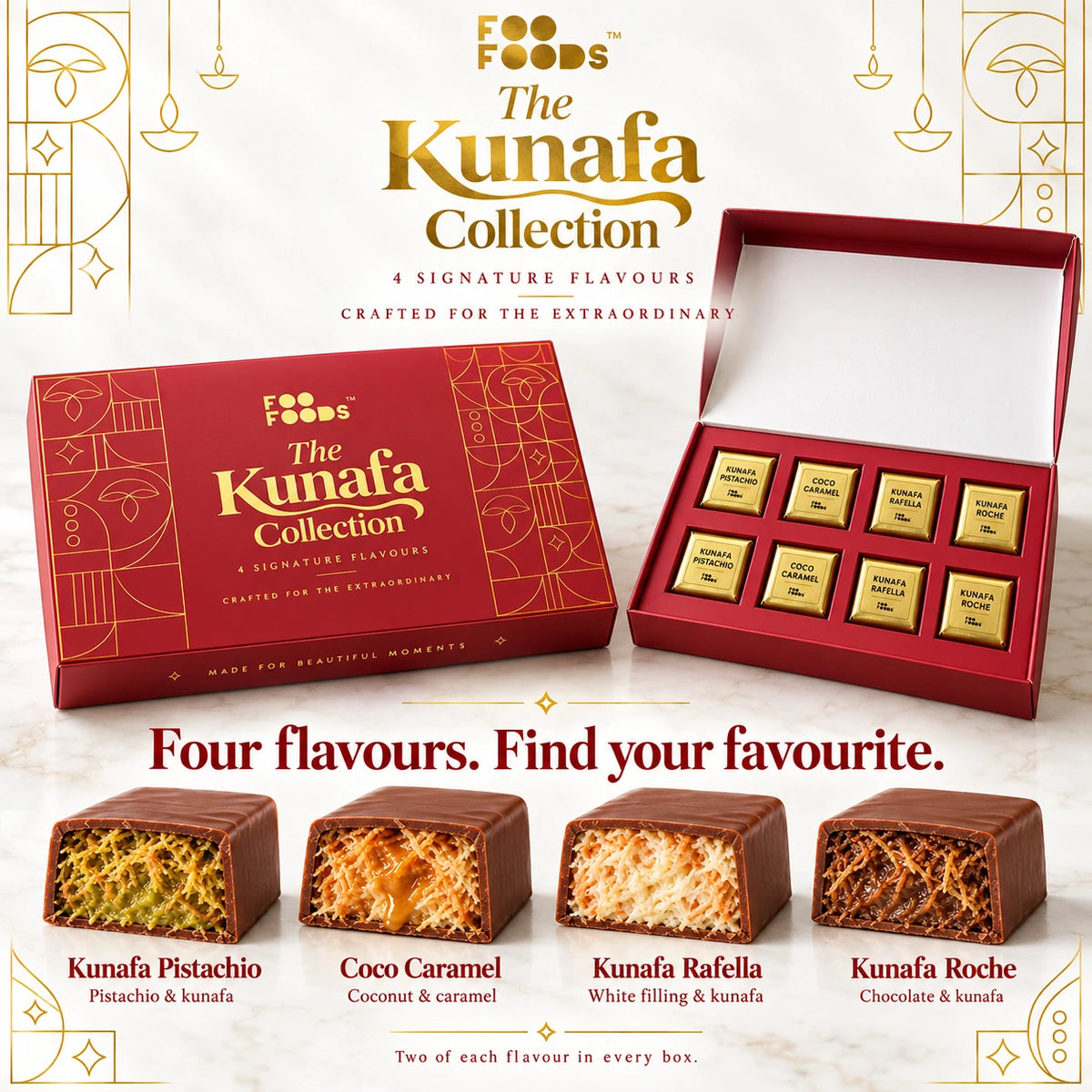 Diwali Special Kunafa Chocolate Gift Box - 8 Pieces, 4 Flavours | Foo Foods