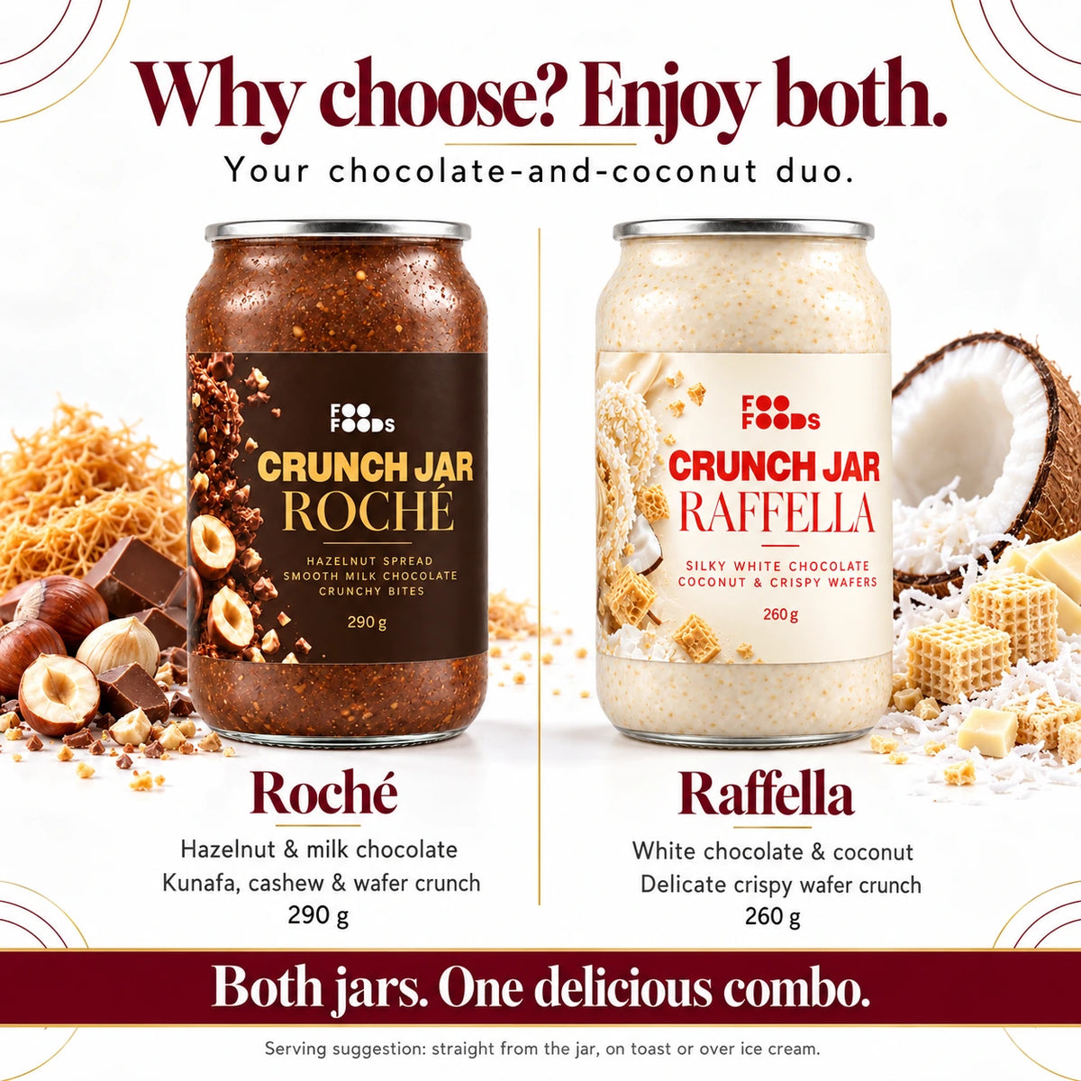 Roché & Raffella Crunch Jar Combo | Hazelnut Chocolate & Coconut Duo, 550 g