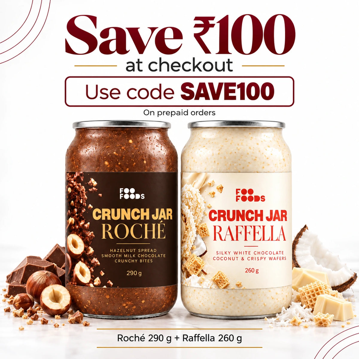 Roché & Raffella Crunch Jar Combo | Hazelnut Chocolate & Coconut Duo, 550 g
