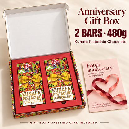 Anniversary Gift Box – Kunafa Pistachio Chocolate with Greeting Card | Single or Double Bar