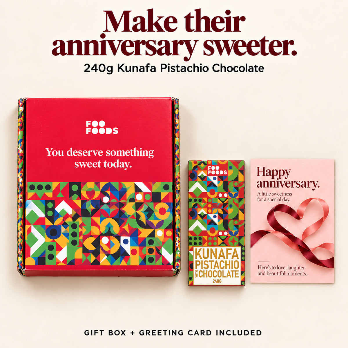 Foo Foods anniversary gift box with 240g Kunafa Pistachio Chocolate and pink anniversary greeting card