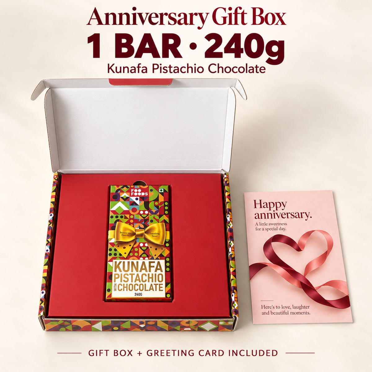 Anniversary Gift Box – Kunafa Pistachio Chocolate with Greeting Card | Single or Double Bar