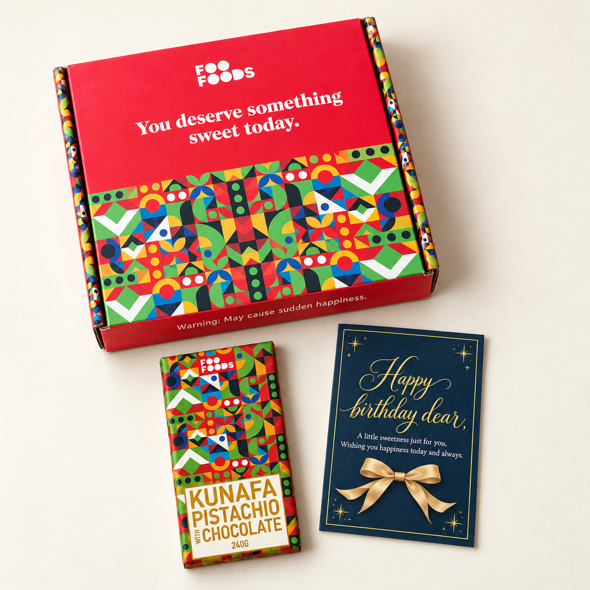 Birthday Gift Box – 240g Kunafa Pistachio Chocolate with Greeting Card