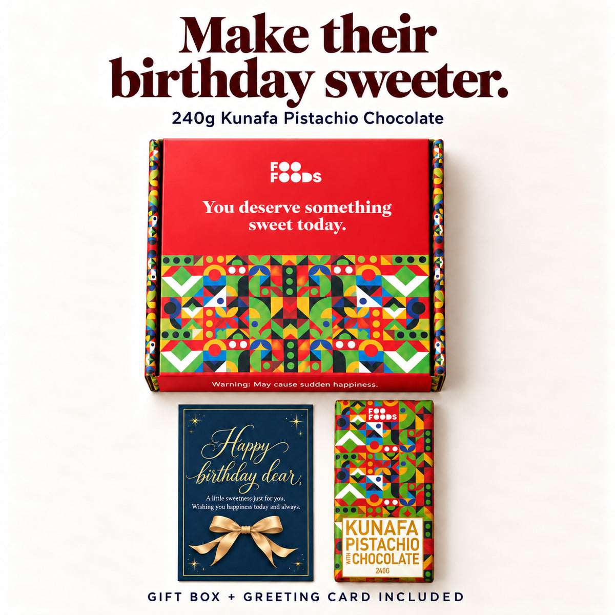 Foo Foods birthday gift box with 240g Kunafa Pistachio Chocolate and navy-and-gold birthday greeting card