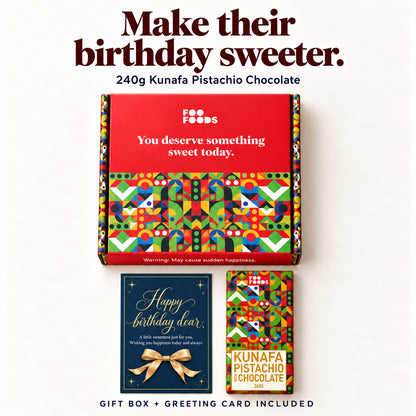 Foo Foods birthday gift box with 240g Kunafa Pistachio Chocolate and navy-and-gold birthday greeting card