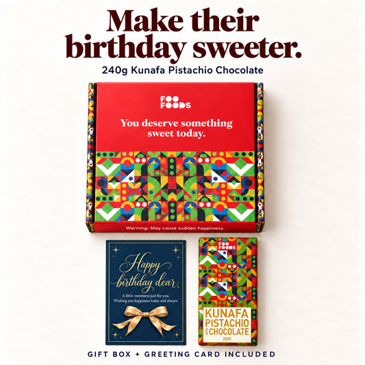 Foo Foods birthday gift box with 240g Kunafa Pistachio Chocolate and navy-and-gold birthday greeting card